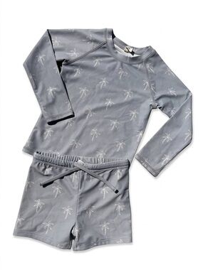 Quincy Mae Kids Palm Print Rash Guard & Swim Trunks Set - Gray - 4-5Y